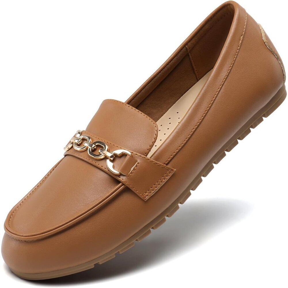 Dream Pairs Women Brown-pu Faux Leather Lightweight Arch Support Slip On Flat